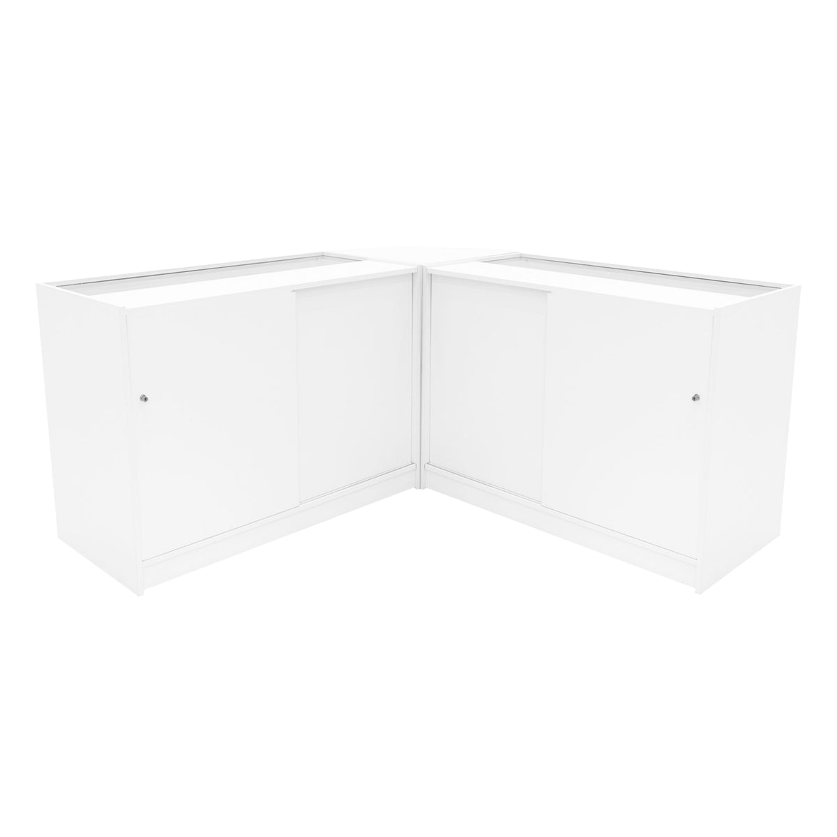 Eckverkaufstheke in elegantem Weiß, mit glatten Oberflächen und modernen, minimalistischen Linien, ideal für Verkaufsräume und Ausstellungen