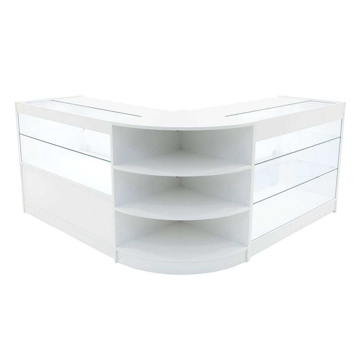Elegantes, weißes Verkaufstheken-Set mit gläsernen Regalen, abgerundeten Kanten und modernem Design, ideal für Einzelhandelsumgebungen