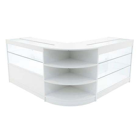 Elegantes, weißes Verkaufstheken-Set mit gläsernen Regalen, abgerundeten Kanten und modernem Design, ideal für Einzelhandelsumgebungen