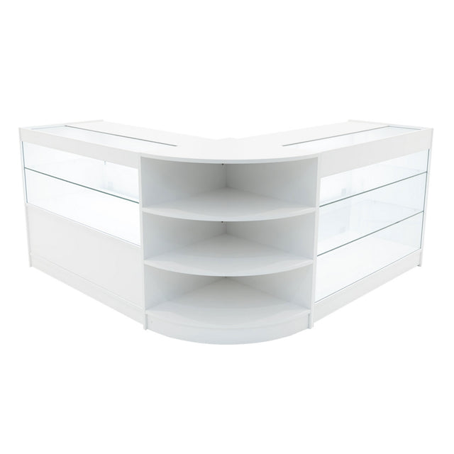 Elegantes, weißes Verkaufstheken-Set mit gläsernen Regalen, abgerundeten Kanten und modernem Design, ideal für Einzelhandelsumgebungen
