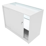 Weißes Verkaufstheken-Set mit LED-Beleuchtung, gläsernen Regalen und Schiebetüren, modern und elegant, ideal für Verkaufsräume und Ausstellungen