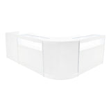 Elegantes, weißes Verkaufstheken-Set mit LED-Beleuchtung, bestehend aus zwei Teilen und einer abgerundeten Form, ideal für moderne Verkaufsräume