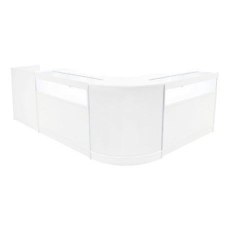 Elegantes, weißes Verkaufstheken-Set mit LED-Beleuchtung, bestehend aus zwei Teilen und einer abgerundeten Form, ideal für moderne Verkaufsräume