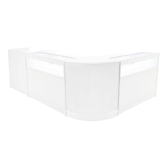 Elegantes, weißes Verkaufstheken-Set mit LED-Beleuchtung, bestehend aus zwei Teilen und einer abgerundeten Form, ideal für moderne Verkaufsräume