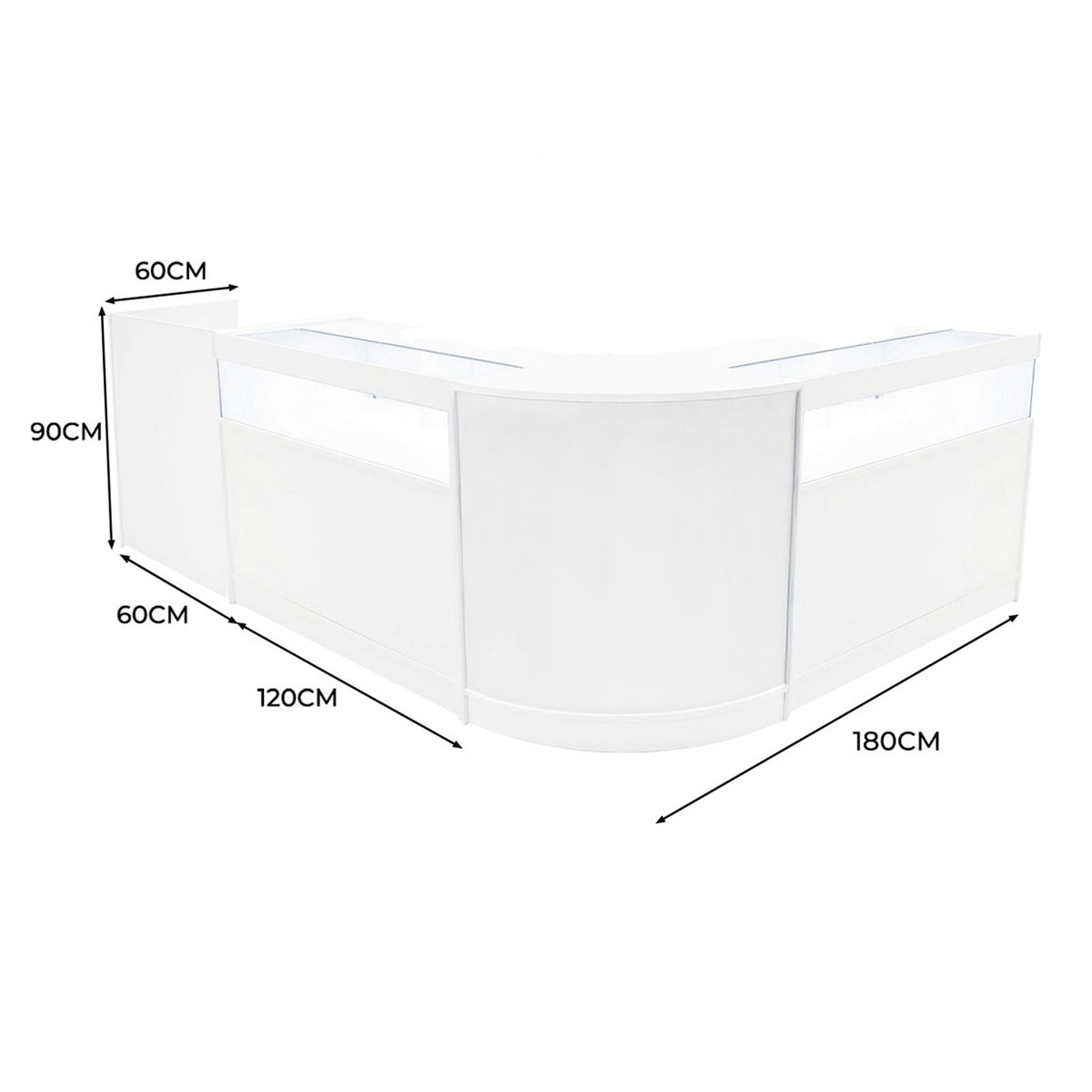 Elegantes, weißes Luna LED Verkaufstheken-Set mit abgerundeten Kanten, bestehend aus zwei Theken und einem Tisch, ideal für Verkaufsräume und Messen