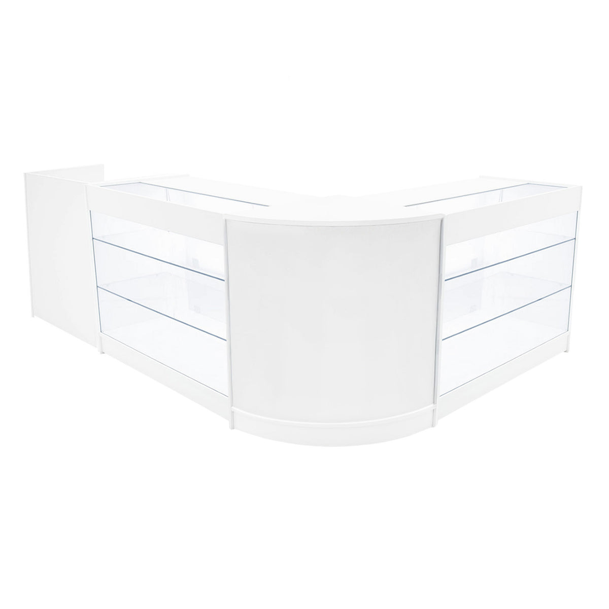 Elegantes, weißes LED-Verkaufstheken-Set mit zwei Modulen und transparenten Glasregalen, ideal für moderne Verkaufsräume und Ausstellungen