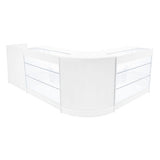 Elegantes, weißes LED-Verkaufstheken-Set mit zwei Modulen und transparenten Glasregalen, ideal für moderne Verkaufsräume und Ausstellungen