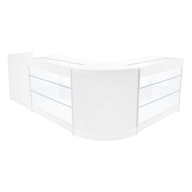 Elegantes, weißes LED-Verkaufstheken-Set mit zwei Modulen und transparenten Glasregalen, ideal für moderne Verkaufsräume und Ausstellungen