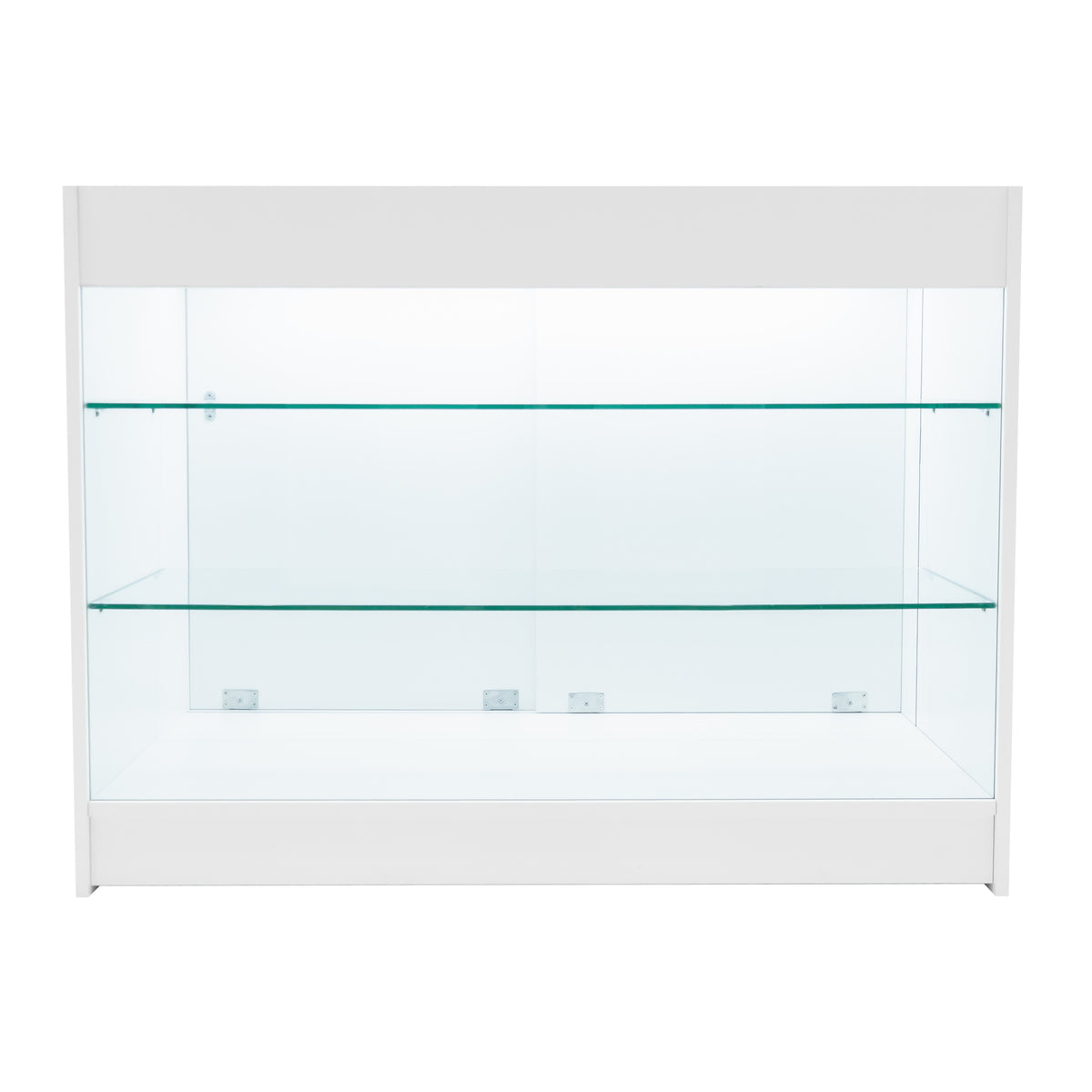 Weißes LED Verkaufstheken-Set mit zwei Regalen aus Glas, elegant und modern, ideal für die Präsentation von Produkten in Geschäften