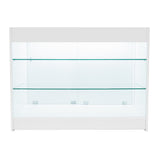 Weißes LED Verkaufstheken-Set mit zwei Regalen aus Glas, elegant und modern, ideal für die Präsentation von Produkten in Geschäften