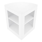 Eckige, weiße LED-Verkaufstheke mit zwei offenen Regalen, glatte Oberfläche und modernes Design, ideal für Verkaufsräume und Ausstellungen
