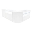 Elegantes, weißes Verkaufstheken-Set mit klaren Glasflächen, modernem Design und abgerundeten Kanten, ideal für Einzelhandelsumgebungen