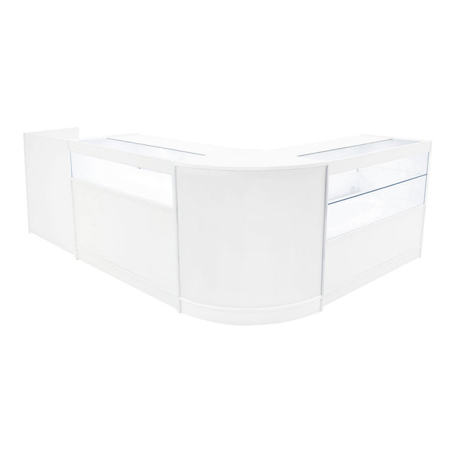 Elegantes, weißes Verkaufstheken-Set mit klaren Glasflächen, modernem Design und abgerundeten Kanten, ideal für Einzelhandelsumgebungen