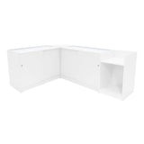 Weißes Verkaufstheken-Set mit eleganten, glatten Oberflächen, abgerundeten Kanten und verschiedenen Stauraummöglichkeiten für eine moderne Präsentation