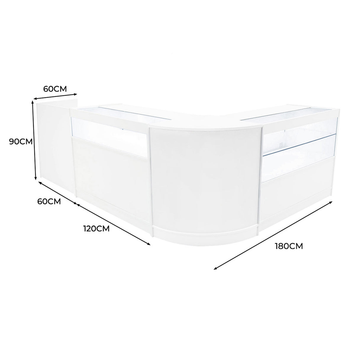 Elegantes, weißes Verkaufstheken-Set mit klaren Glasflächen, abgerundeten Kanten und vielseitiger Anordnung für optimale Präsentation und Kundeninteraktion