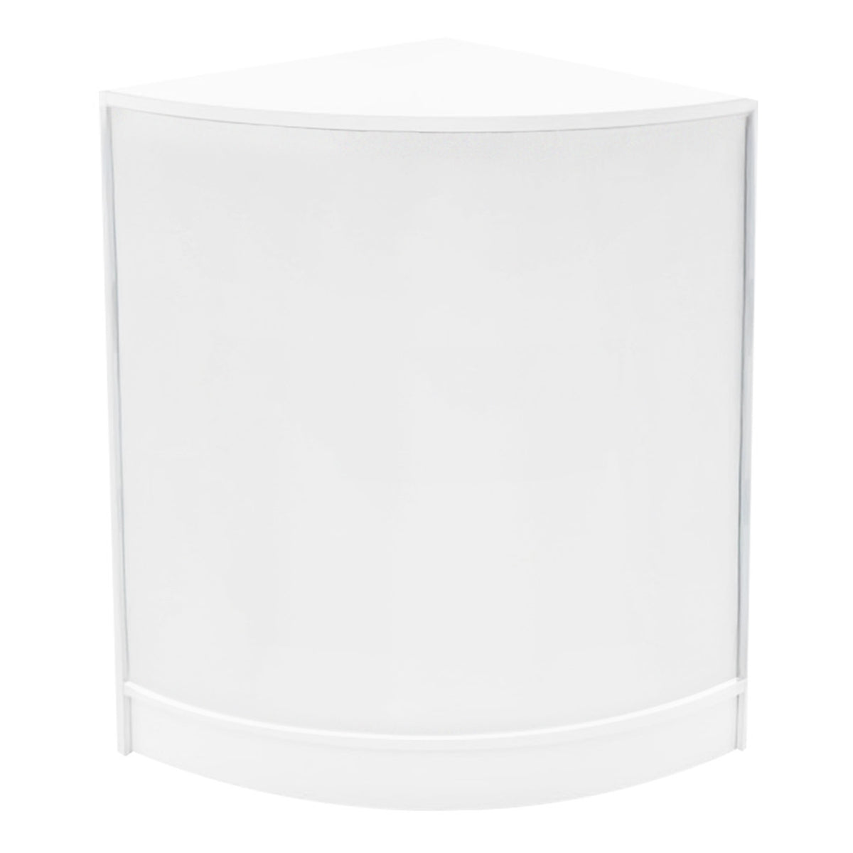 Eckige Verkaufstheke in Weiß mit glatter Oberfläche und abgerundeten Kanten, ideal für den Einzelhandel oder Messen, modern und elegant