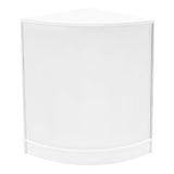 Eckige Verkaufstheke in Weiß mit glatter Oberfläche und abgerundeten Kanten, ideal für den Einzelhandel oder Messen, modern und elegant