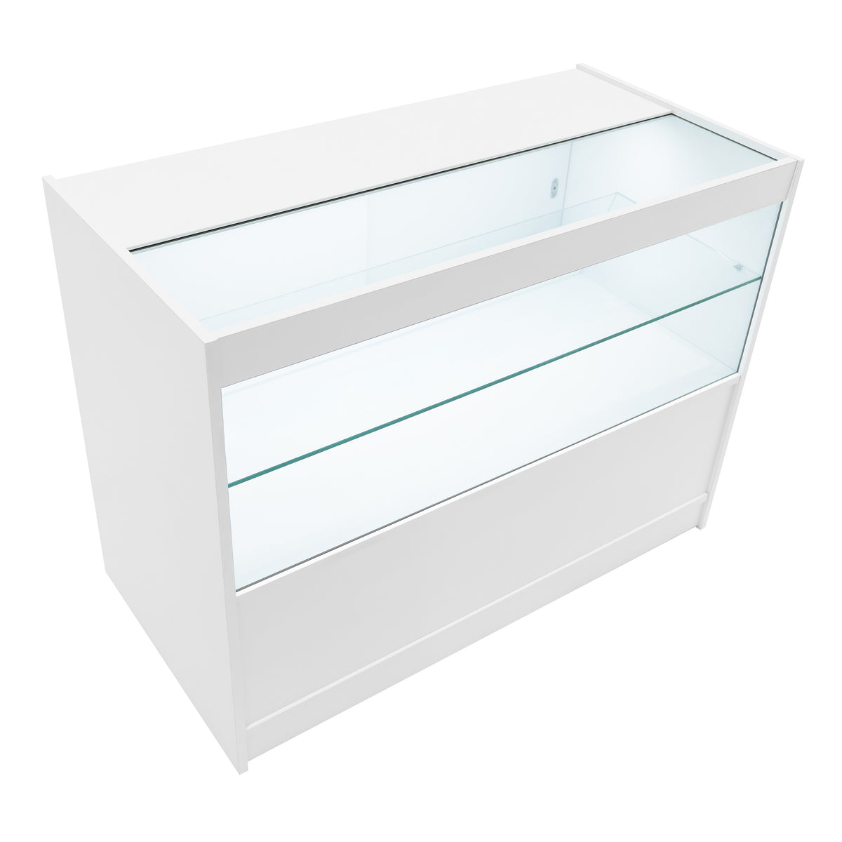 Weißes Verkaufstheken-Set mit gläserner Front, zwei Regalen und modernem, minimalistischen Design, ideal für Einzelhandelsumgebungen