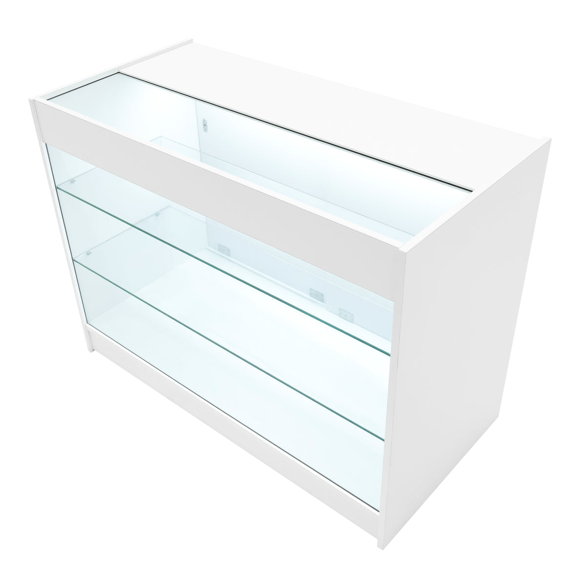 Elegante weiße Verkaufstheke mit gläsernen Regalen, ideal für die Präsentation von Produkten, modernes Design und klare Linien für einen stilvollen Look