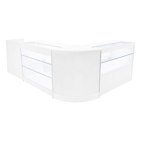 Elegantes, weißes Verkaufstheken-Set mit klaren Glasvitrinen, ideal für die Präsentation von Produkten in Geschäften oder Messen