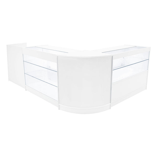 Elegantes, weißes Verkaufstheken-Set mit klaren Glasvitrinen, ideal für die Präsentation von Produkten in Geschäften oder Messen