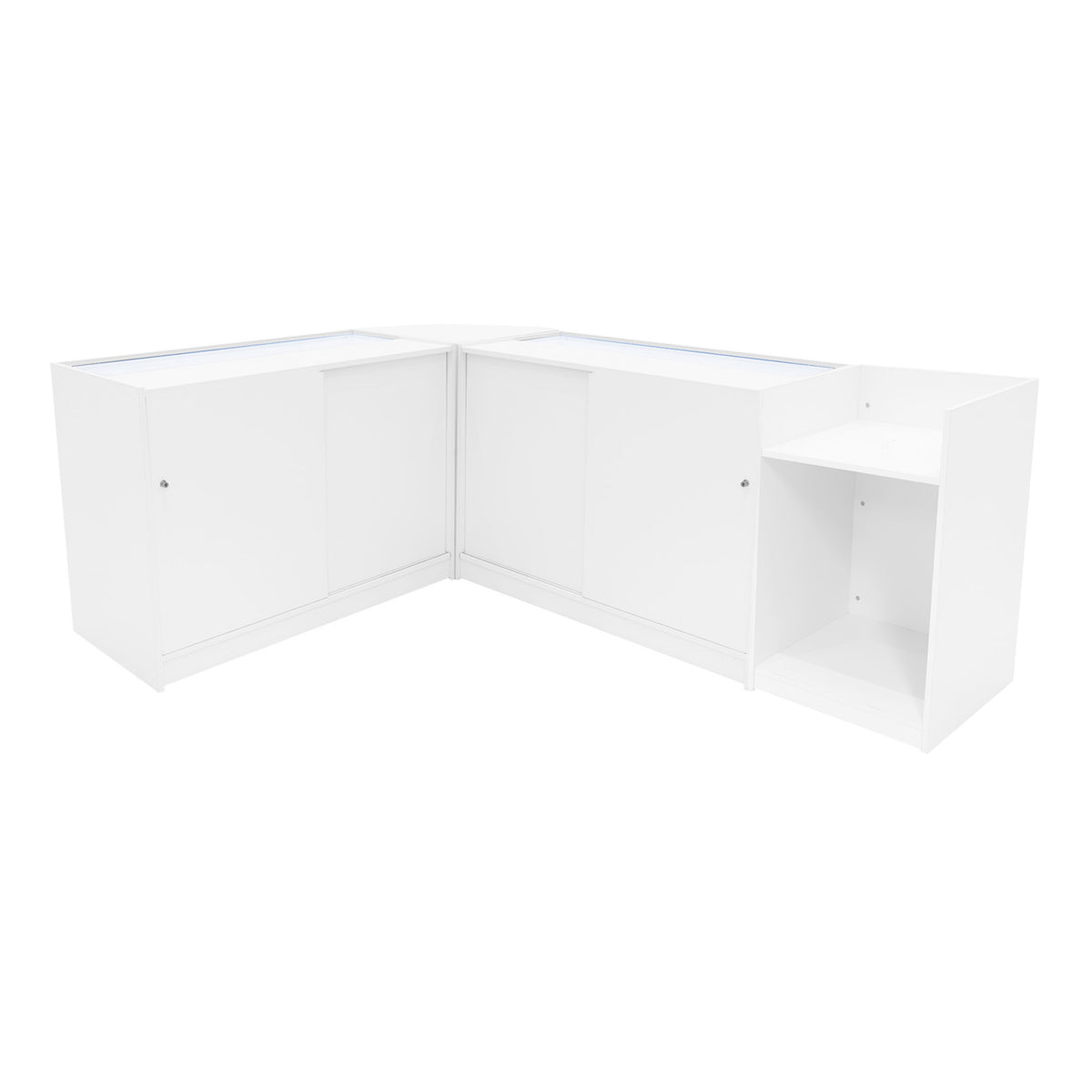 Vega LED Verkaufstheken-Set in Weiß, bestehend aus mehreren Elementen mit glatten Oberflächen, ideal für Verkaufsräume und Ausstellungen