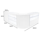 Elegantes Verkaufstheken-Set in Weiß mit klaren Glasflächen, abgerundeten Kanten und großzügigem Stauraum, ideal für moderne Verkaufsräume