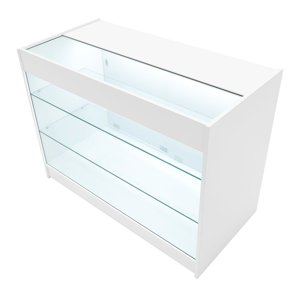Vega LED Verkaufstheken-Set in Weiß mit gläsernen Regalen, eleganter, moderner Design und integrierter Beleuchtung für optimale Produktpräsentation