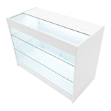 Vega LED Verkaufstheken-Set in Weiß mit gläsernen Regalen, eleganter, moderner Design und integrierter Beleuchtung für optimale Produktpräsentation