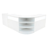 Elegantes, weißes LED Verkaufstheken-Set mit abgerundeten Ecken und offenen Regalen, ideal für moderne Verkaufsräume und Ausstellungen