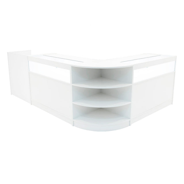Elegantes, weißes LED Verkaufstheken-Set mit abgerundeten Ecken und offenen Regalen, ideal für moderne Verkaufsräume und Ausstellungen
