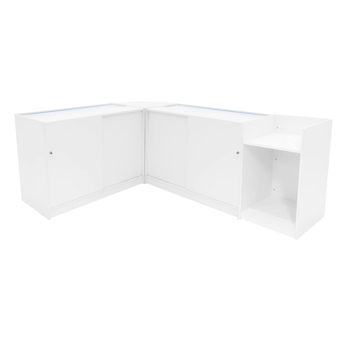 Eckverkaufsregal-Set in Weiß, bestehend aus zwei LED-beleuchteten Vitrinen mit glatten Oberflächen, ideal für die Präsentation von Produkten