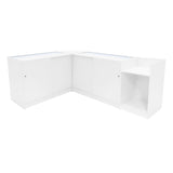 Eckverkaufsregal-Set in Weiß, bestehend aus zwei LED-beleuchteten Vitrinen mit glatten Oberflächen, ideal für die Präsentation von Produkten