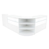 Elegantes, weißes Verkaufstheken-Set mit zwei Eckmodulen, gläsernen Regalen und runden Ablagen, ideal für moderne Verkaufsräume