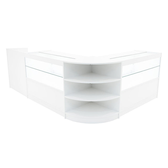 Elegantes, weißes Verkaufstheken-Set mit zwei Eckmodulen, gläsernen Regalen und runden Ablagen, ideal für moderne Verkaufsräume