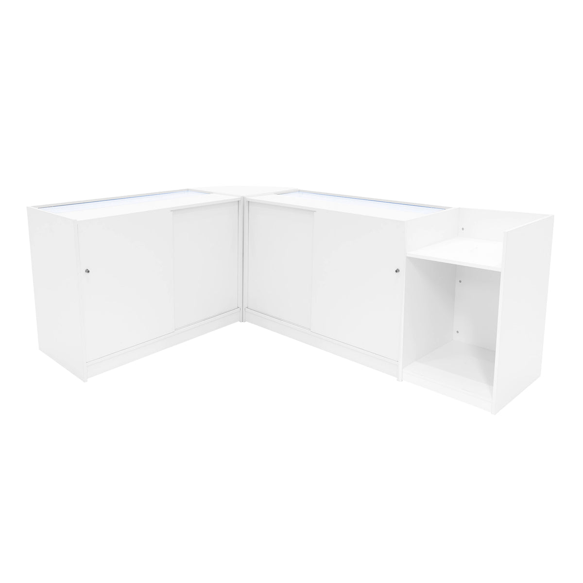 Eckverkaufsset in Weiß mit LED-Beleuchtung, besteht aus zwei Vitrinen und einem Tisch, glatte Oberflächen und moderne, minimalistische Formgebung