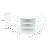 Eckverkaufsset in Weiß mit LED-Beleuchtung, gläsernen Regalen und abgerundeten Kanten, ideal für moderne Verkaufsräume, Maße 180x120x90 cm