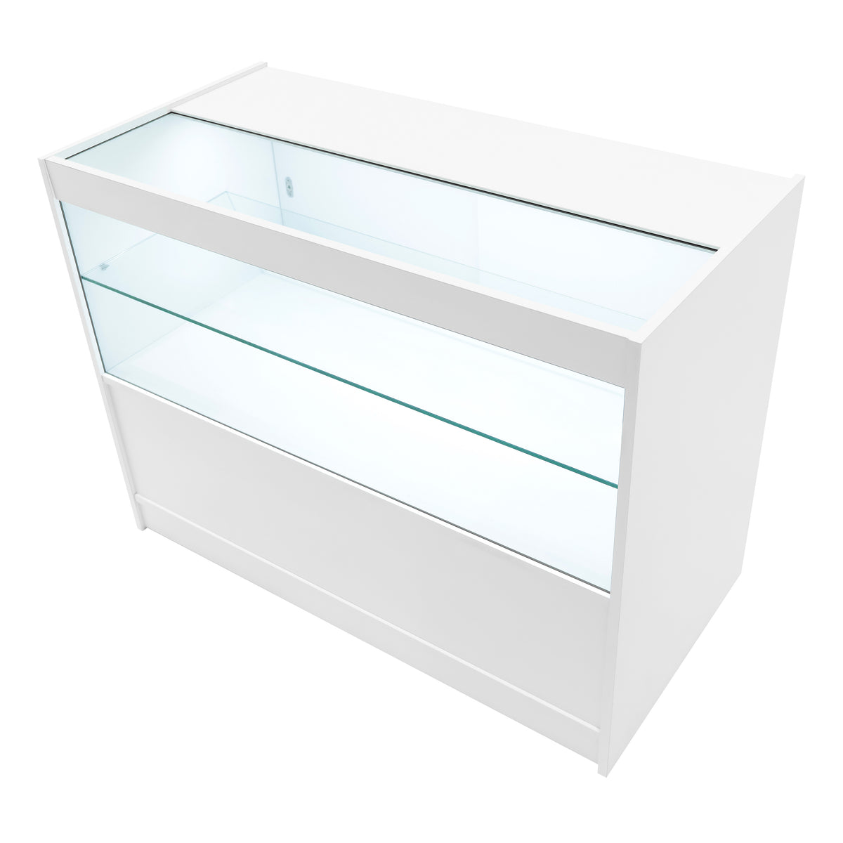 Weißes Eclipse LED Verkaufstheken-Set mit gläserner Vitrine, modernem Design und klaren Linien, ideal für den Einzelhandel und Ausstellungen