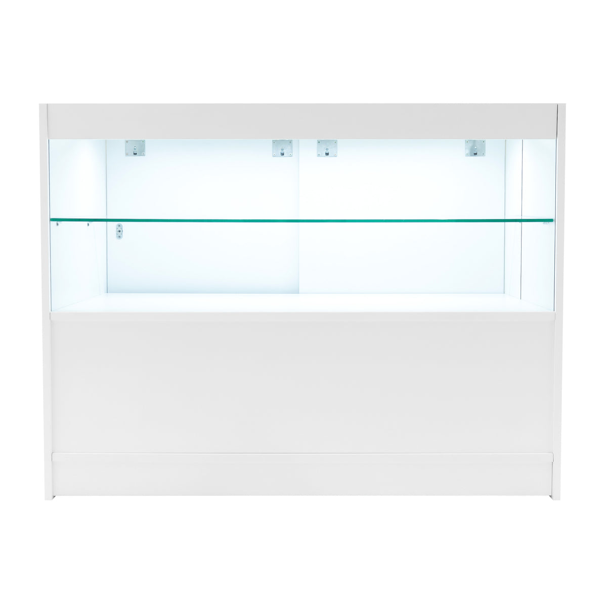Weißes LED Verkaufstheken-Set mit klaren Glasregalen, modernem Design und sanfter Beleuchtung, ideal für Einzelhandelspräsentationen