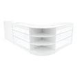 Elegantes Verkaufstheken-Set in Weiß mit klaren Glasflächen, abgerundeten Ecken und offenen Regalen für eine moderne Präsentation von Produkten