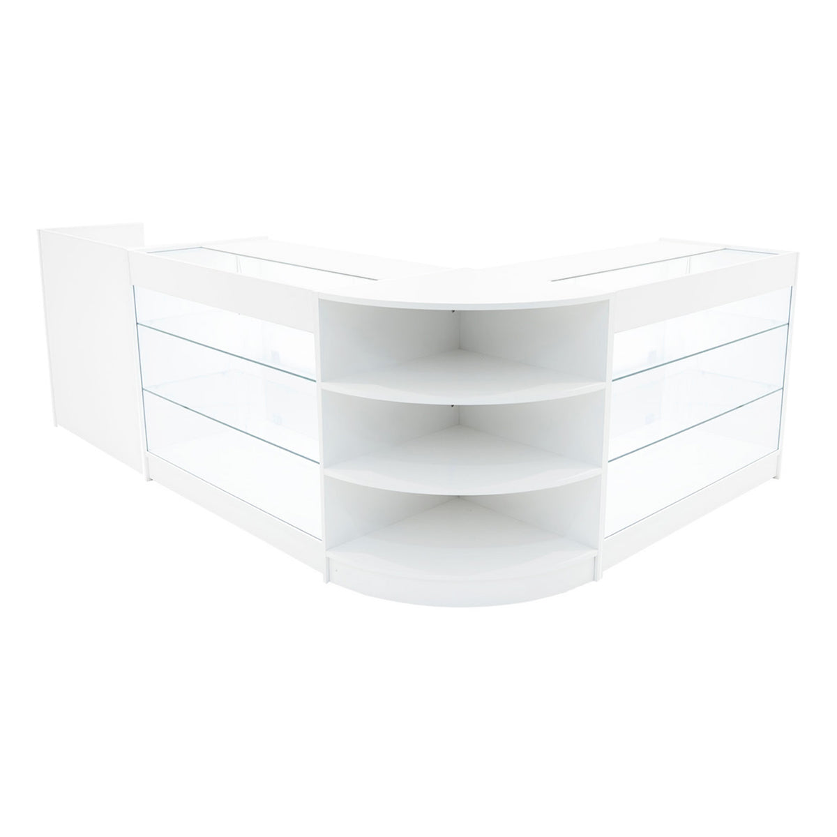 Elegantes Verkaufstheken-Set in Weiß mit klaren Glasflächen, abgerundeten Ecken und offenen Regalen für eine moderne Präsentation von Produkten
