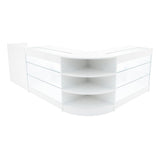 Elegantes Verkaufstheken-Set in Weiß mit klaren Glasflächen, abgerundeten Ecken und offenen Regalen für eine moderne Präsentation von Produkten