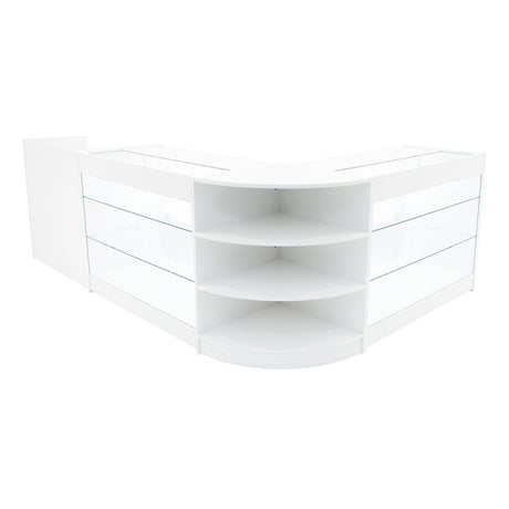 Elegantes Verkaufstheken-Set in Weiß mit klaren Glasflächen, abgerundeten Ecken und offenen Regalen für eine moderne Präsentation von Produkten