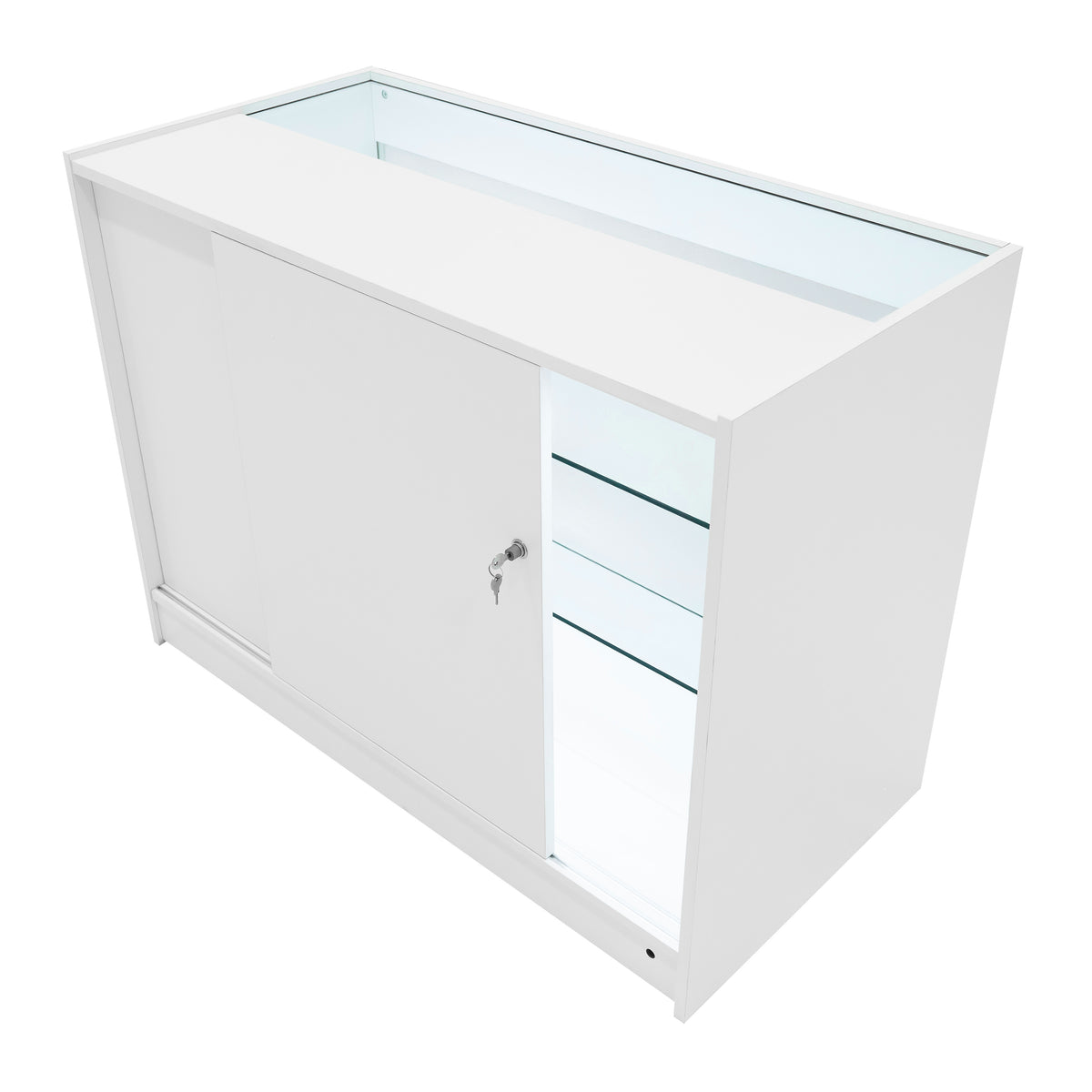 Weißes Verkaufstheken-Set mit glatten Oberflächen, integrierter LED-Beleuchtung und abschließbarem Schrank, ideal für Verkaufsräume und Ausstellungen