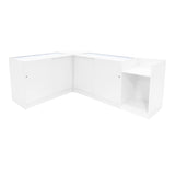 Eckverkaufstheke in elegantem Weiß, mit glatten Oberflächen, integrierter Beleuchtung und Stauraum, ideal für moderne Verkaufsräume