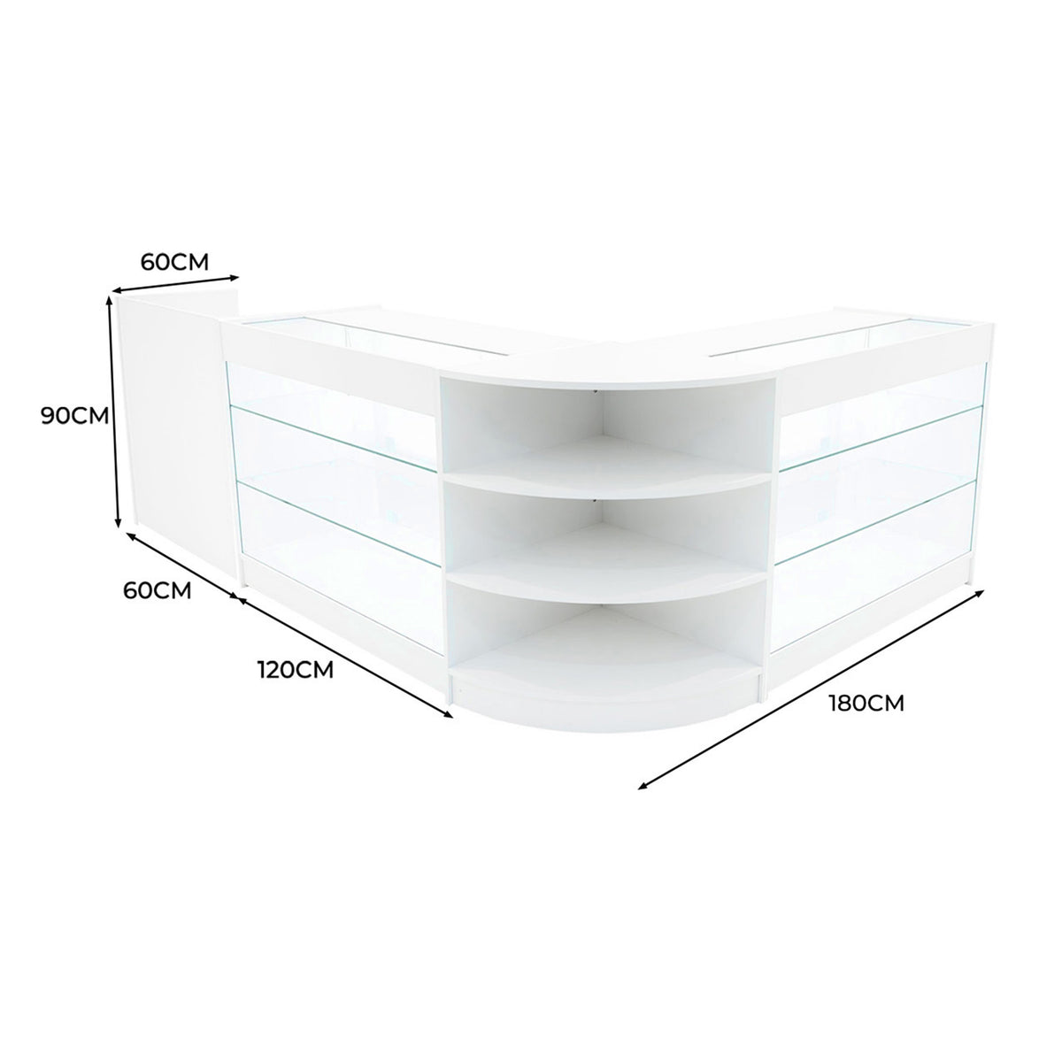 Eckverkaufsstand in Weiß mit Glasregalen, abgerundeten Kanten, 180 cm lang, 90 cm hoch, ideal für die Präsentation von Produkten