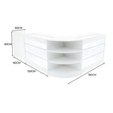 Eckverkaufsstand in Weiß mit Glasregalen, abgerundeten Kanten, 180 cm lang, 90 cm hoch, ideal für die Präsentation von Produkten
