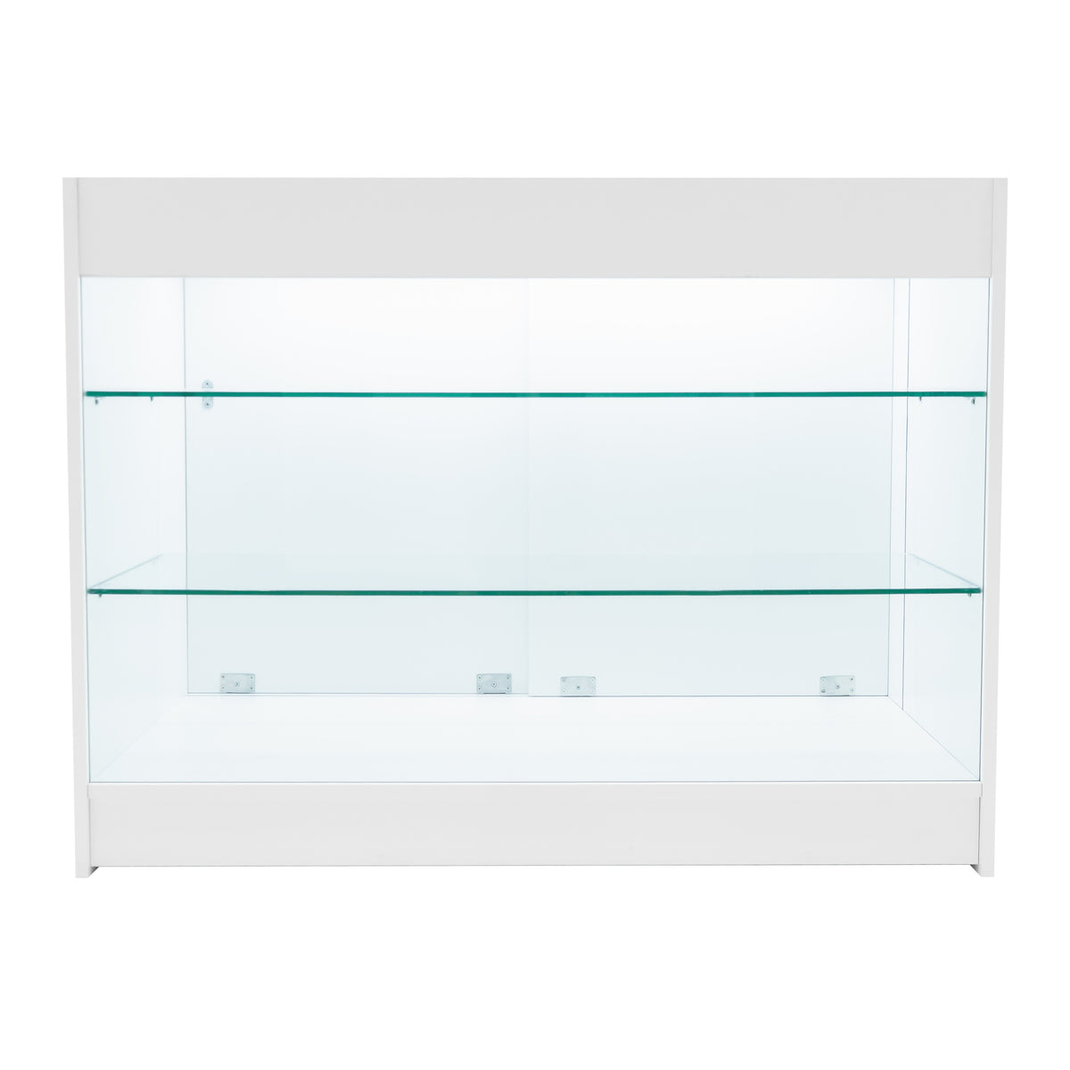 Weißes LED Verkaufstheken-Set mit zwei Regalen aus klarem Glas, modernem Design und eleganter, glatter Oberfläche für optimale Produktpräsentation