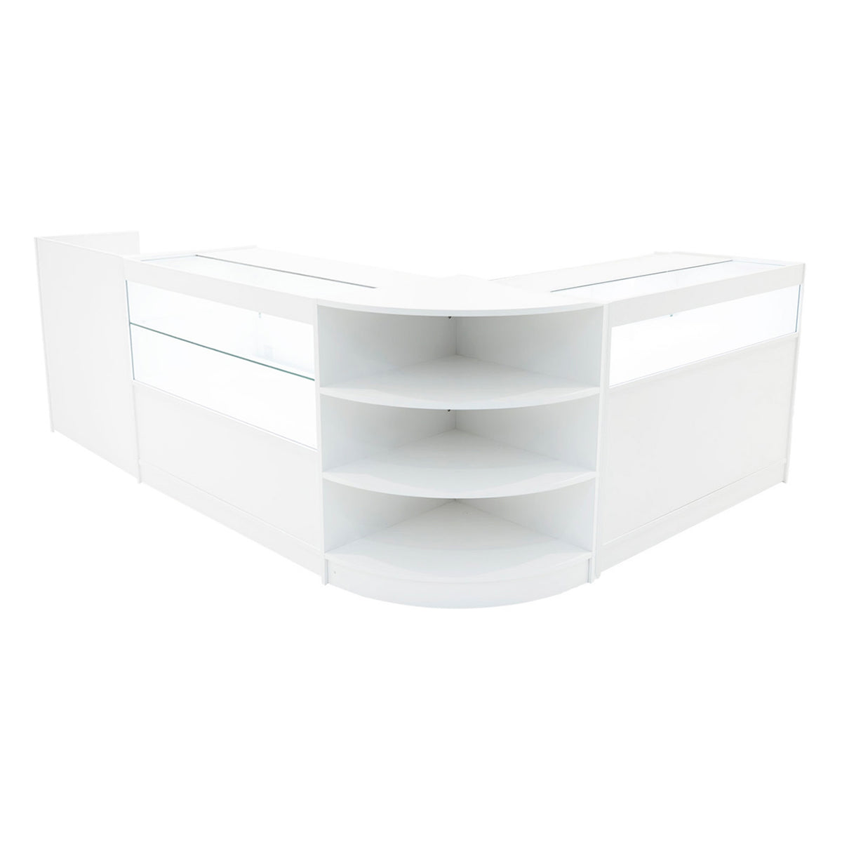 Elegantes Verkaufstheken-Set in Weiß mit klaren Glasflächen, runden Kanten und offenen Regalen für optimale Präsentation und Stauraum