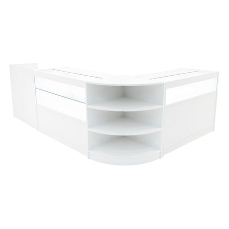 Elegantes Verkaufstheken-Set in Weiß mit klaren Glasflächen, runden Kanten und offenen Regalen für optimale Präsentation und Stauraum